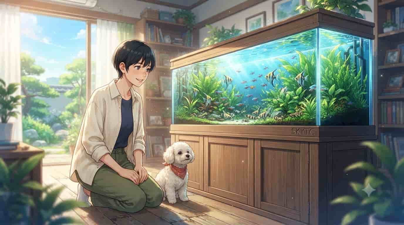 A Japanese woman with a pixie cut and her white dog kneeling beside a large, lushly planted freshwater aquarium inside a sunlit home. The aquarium stand has the brand 'Skytc' visible.