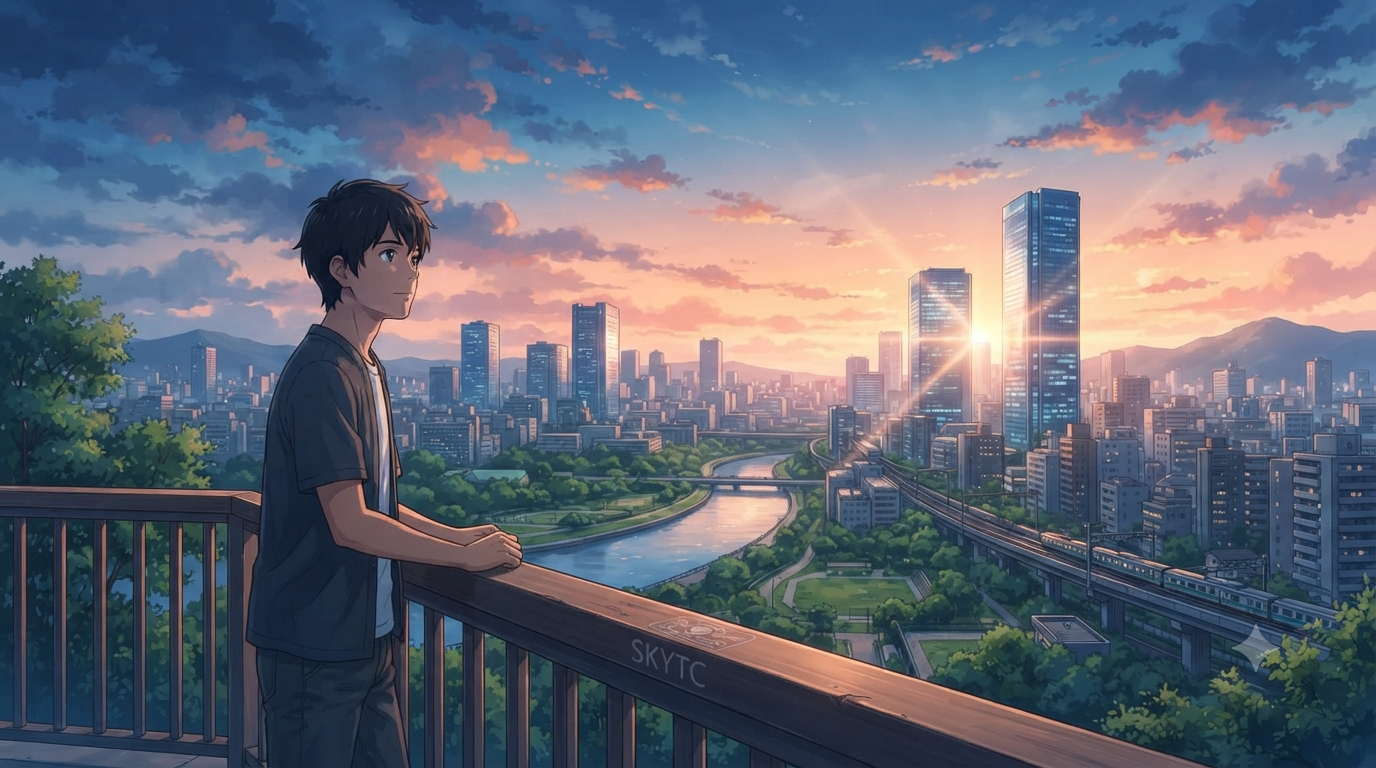 A young man looking over a sunset city skyline, representing SKYTC asset allocation engines for stable portfolio growth.
