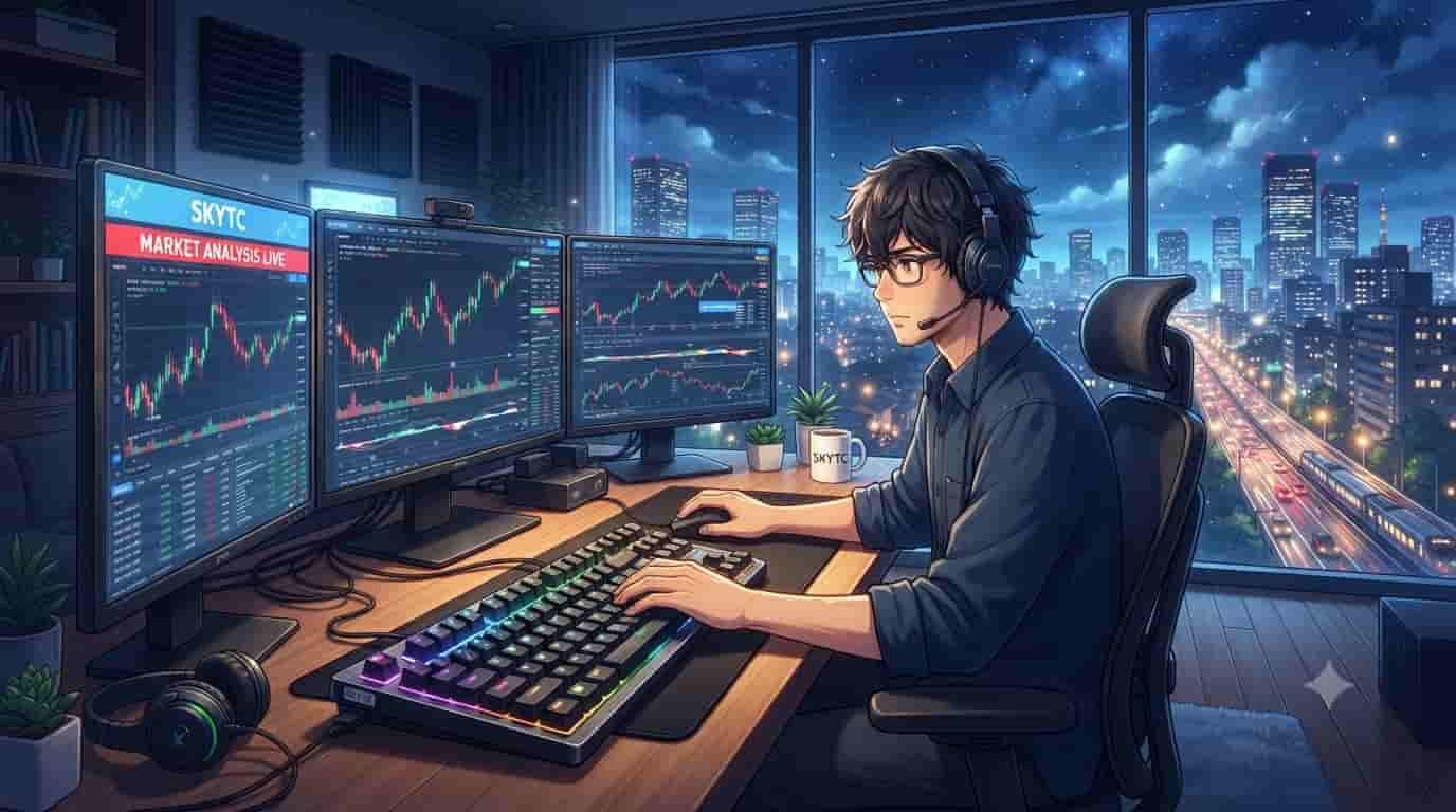 Ilustração estilo anime de um day trader masculino usando um teclado mecânico customizado full-size em um escritório com vista para Tóquio à noite, com gráficos de negociação em três monitores e a marca SKYTC visível.