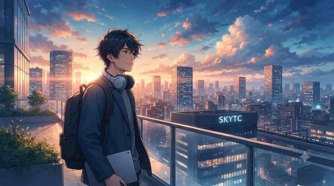 Anime illustration of a man on a balcony overlooking a city with a "SKYTC" sign, representing remote portfolio management.