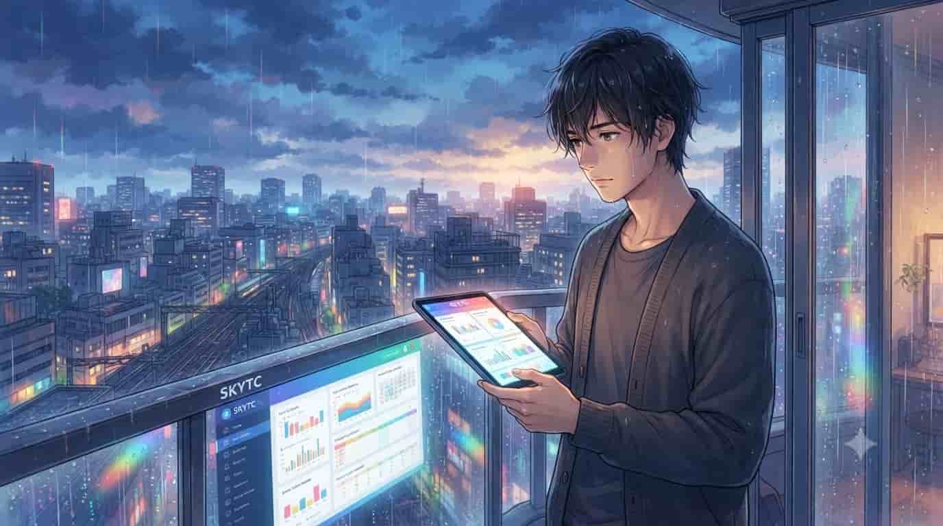 An anime-style illustration of a man on a rainy balcony overlooking a city, holding a tablet displaying a budgeting dashboard, with a larger SKYTC screen nearby.