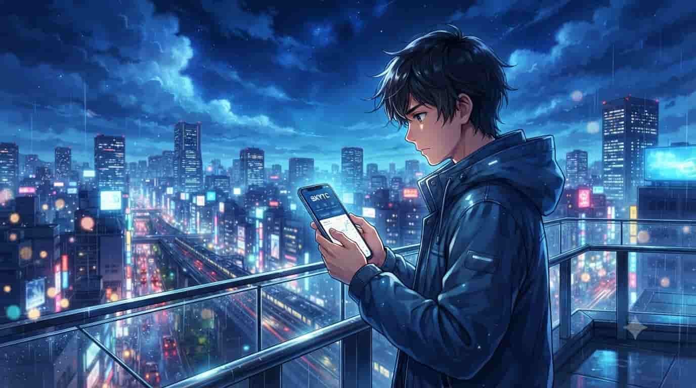An anime-style illustration of a man using a secure financial app on his smartphone against a glowing Tokyo skyline.
