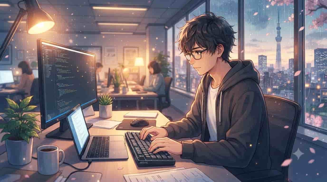 Anime style illustration of a man using a quiet mechanical keyboard in a shared office at sunset with 'SKYTC' branding.
