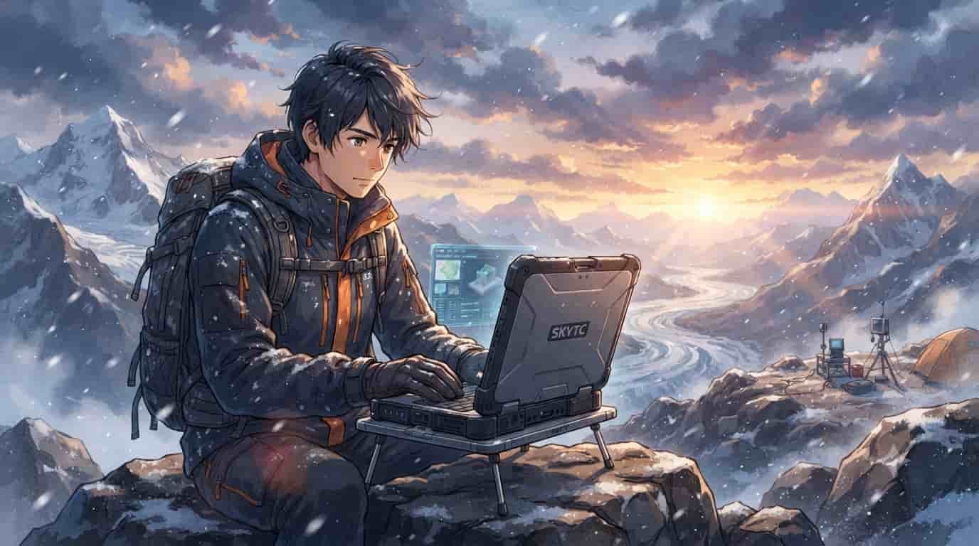 A rugged professional man working on a durable SKYTC laptop in a snowy, mountainous extreme environment at sunset.