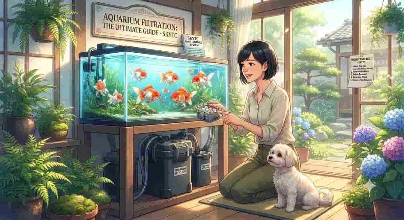 A 45-year-old Japanese woman and her Maltipoo dog in a sunlit room with an aquarium, referencing the ultimate goldfish tank filtration guide by SKYTC.
