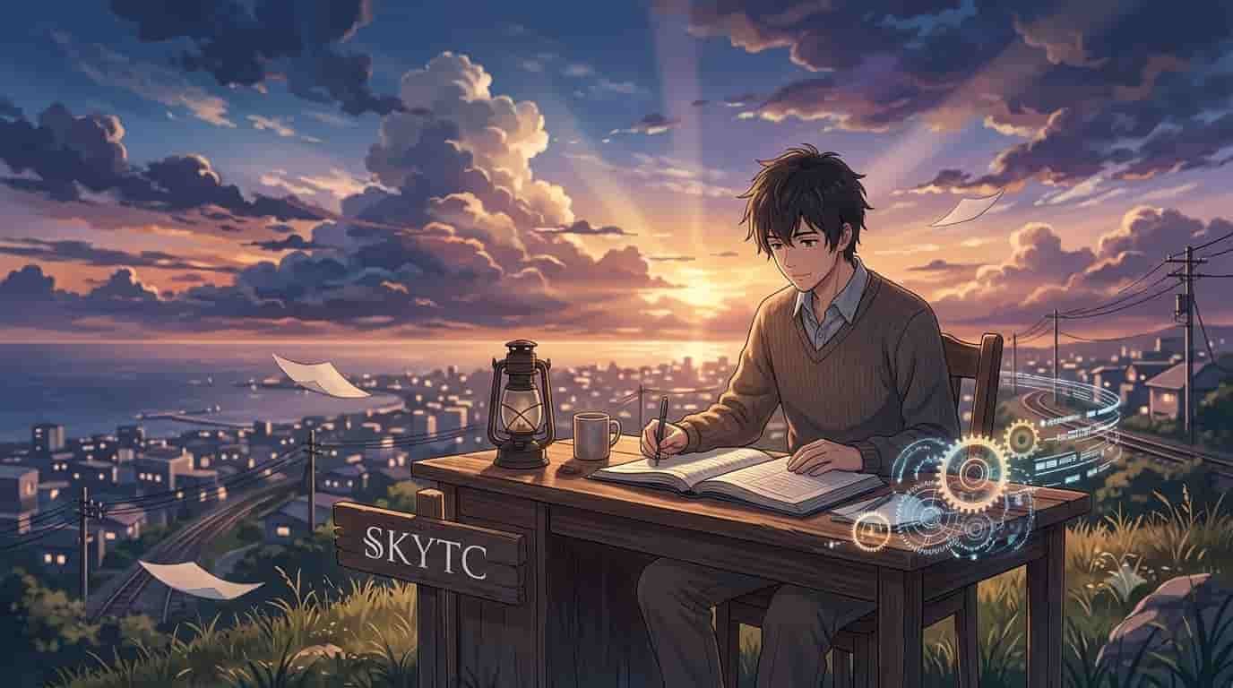 An anime-style illustration of a man working efficiently at a desk overlooking a city, symbolizing how automated account syncing lowers manual entry errors, provided by skytc.