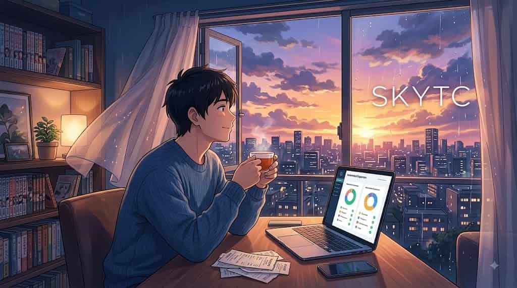 Animated illustration in skytc anime style shows a young man relaxing by a window with a tea cup, freed from expense reporting by automated software, with the text "SKYTC" subtly integrated.