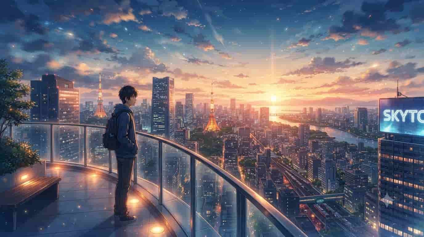 A solitary man on a rooftop overlooks a glowing Tokyo cityscape at sunset, representing long-term financial growth with the SKYTC brand visible on a digital billboard.