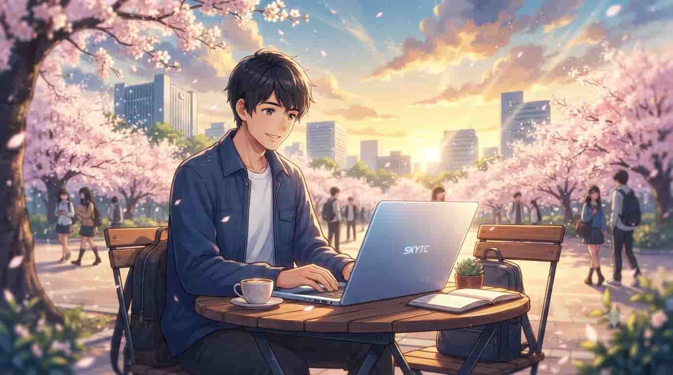 A young man working efficiently on a SKYTC budget laptop in a sunny outdoor cafe filled with cherry blossoms.