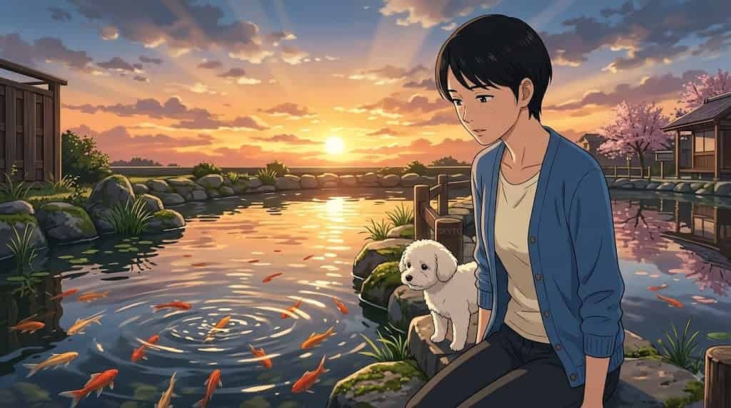 makoto shinkai style anime illustration for skytc blog showing a japanese woman and her maltipoo dog looking at a goldfish pond at sunset