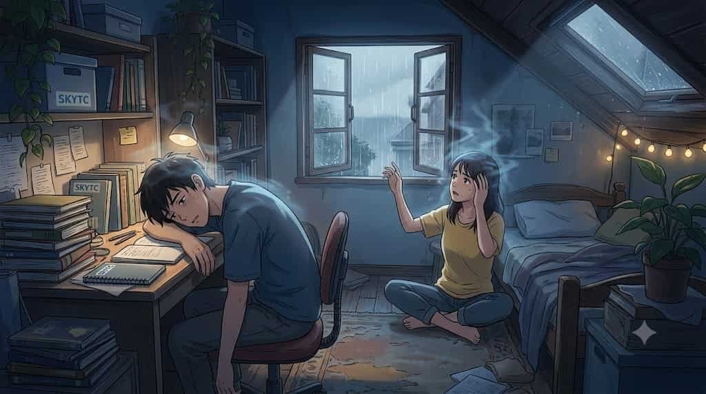 An anime-style illustration for skytc showing a weary couple in a stuffy, closed room, representing how low oxygen levels cause mental drops and lethargy.