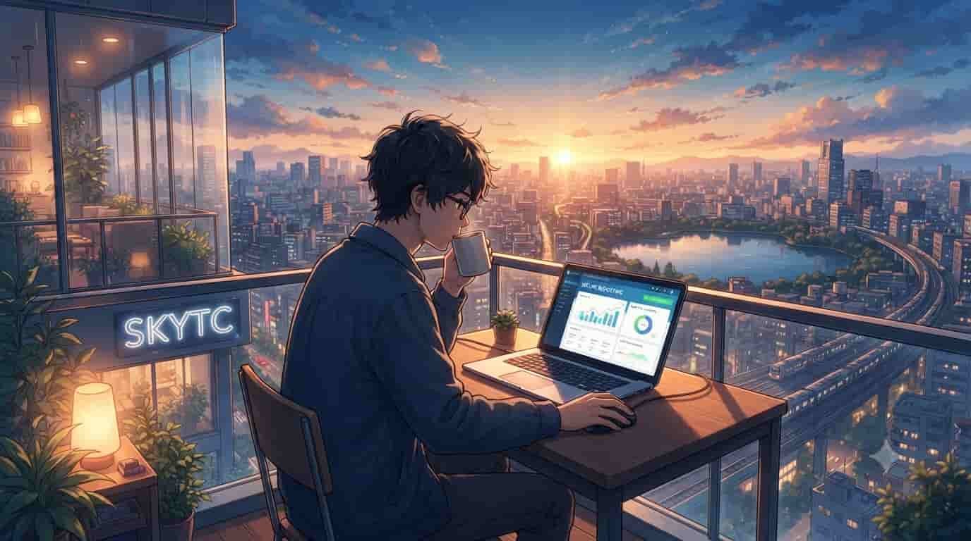 A man working on a secure budgeting app with reliable bank sync API integration on his laptop overlooking a sunset city skyline.