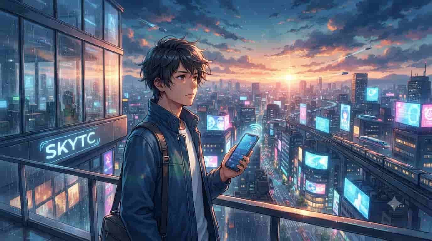 Anime illustration of a young man with a smartphone overlooking a futuristic city with the 'SKYTC' logo, representing secure budgeting apps.