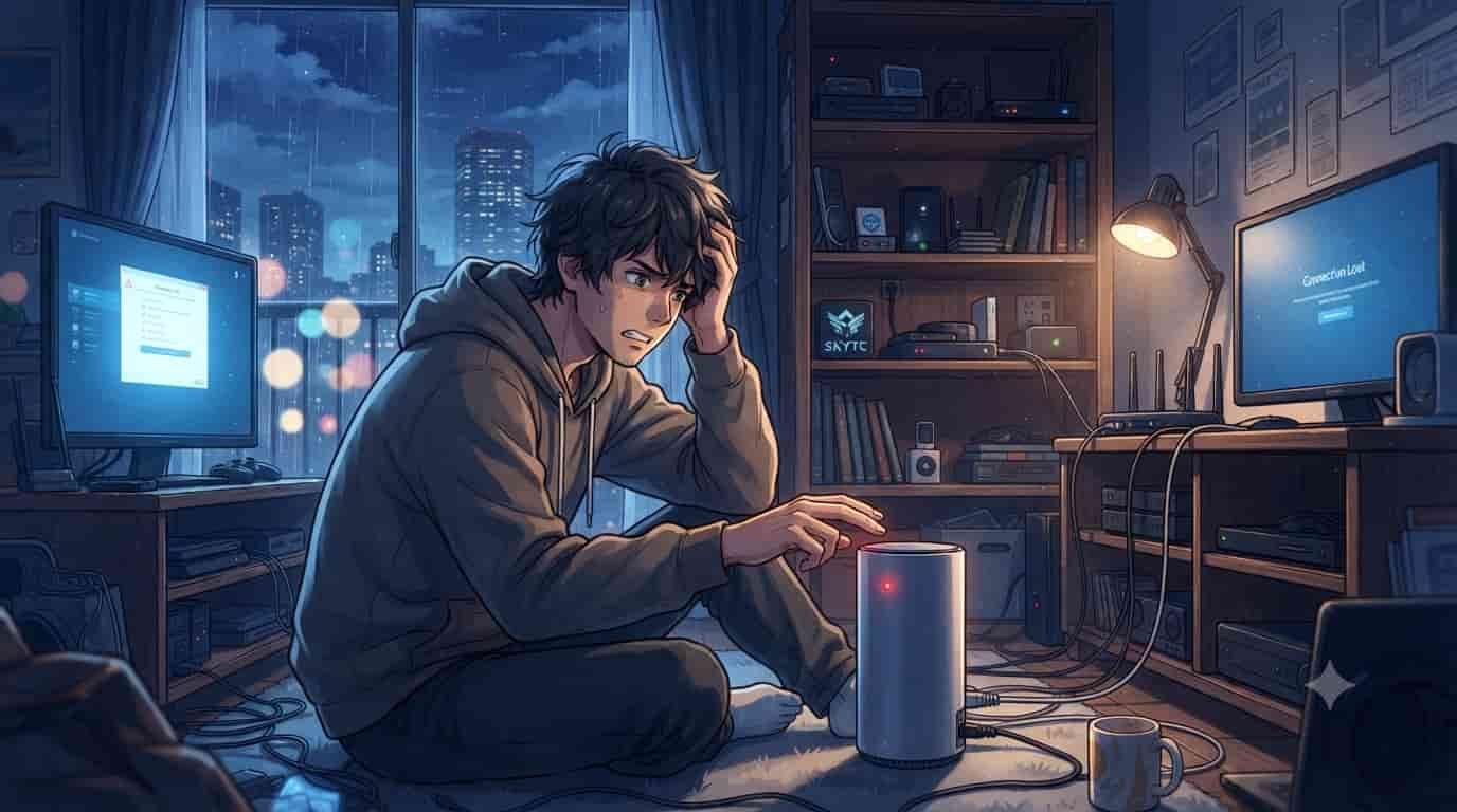 A stressed man in a rainy night apartment dealing with a disconnected smart home hub router issue, with the SKYTC logo visible on a shelf.