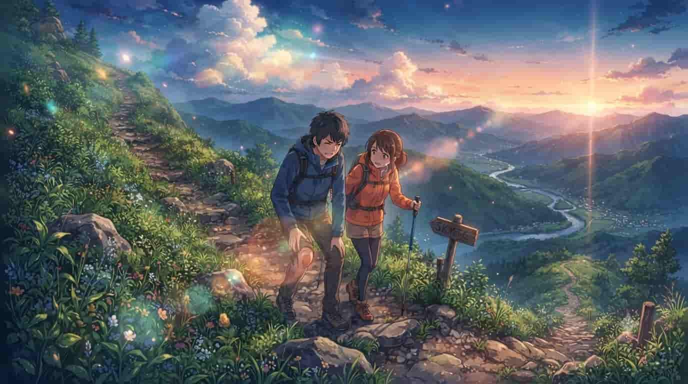 Makoto Shinkai style anime illustration of a male and female hiker on a steep mountain trail at sunset, where the man is holding his knee in pain. A wooden sign in the background reads 'SKYTC'.