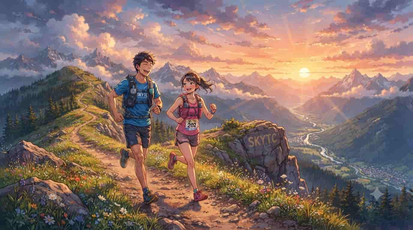 A man and a woman trail running on a mountain path at sunset with the word SKYTC visible on a rock, representing how trail running builds stronger bones.